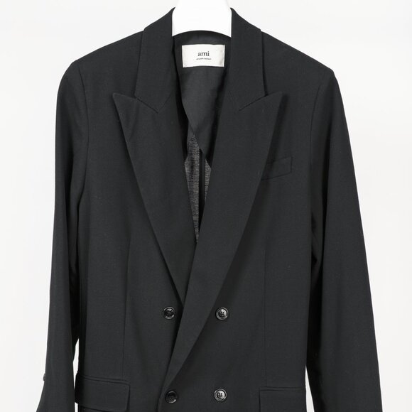 AMI Black Wool Gabardine Double-Breasted Coat - Picture 4 of 11